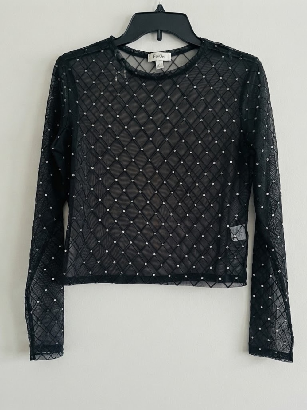 Faded Rose Black Sheer Beaded Long-Sleeve Crop Top